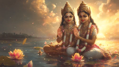 Divine twin goddesses seated on lotus-strewn river at sunrise