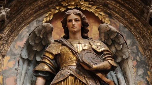 Winged armored statue holding shield in ornate setting.