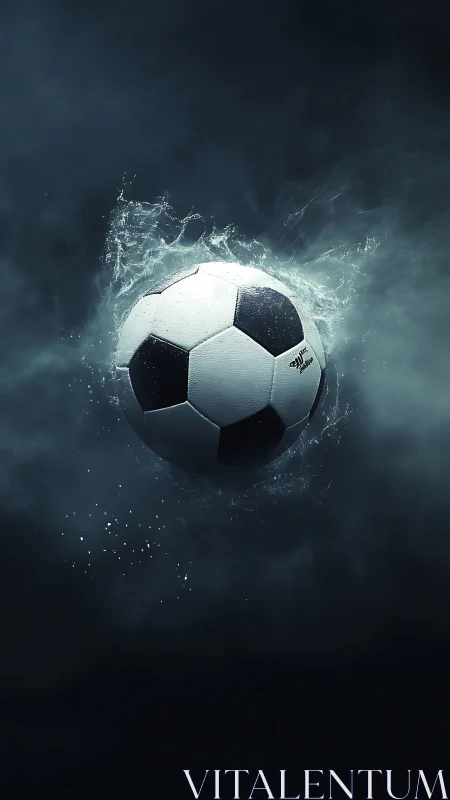 Suspended soccer ball bursts through vapor in dramatic contrast