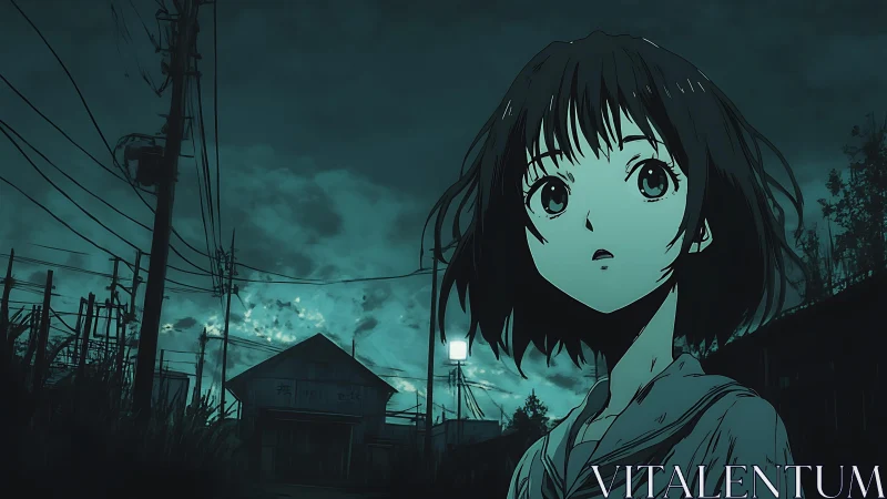 Midnight powerlines and a wide eyed wanderer in teal hush.