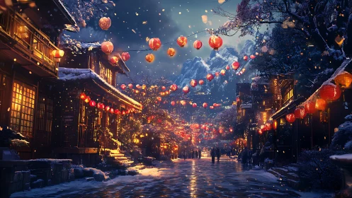 Snowy lantern street glows under deep blue winter sky.