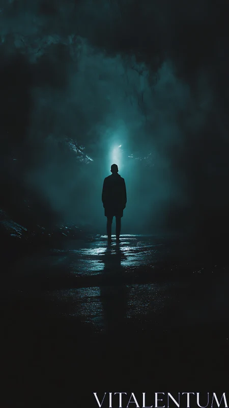 Silhouette stands in misty blue tunnel under eerie backlight