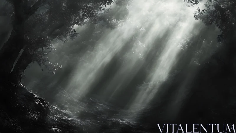Sunlight pierces misty forest clearing with dramatic contrast