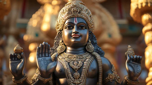 Divine Hindu deity statue in warm golden temple light.