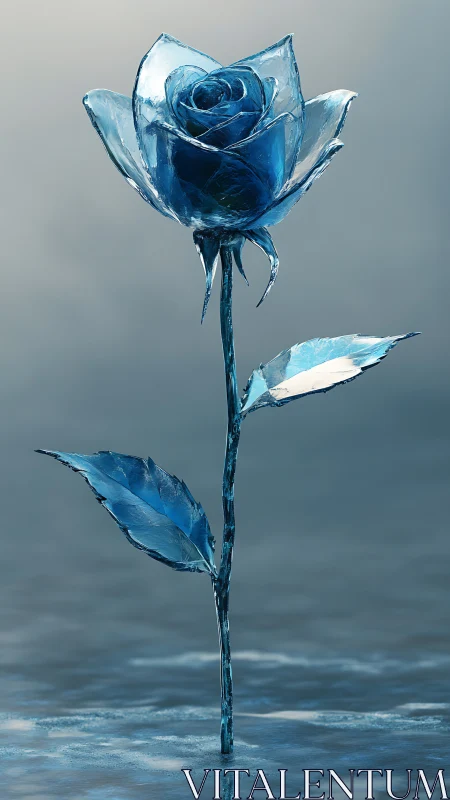 Single blue glass rose stands frozen above reflective water