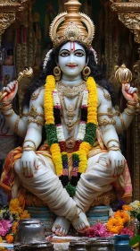 Hindu deity idol adorned with garlands and golden ornaments.