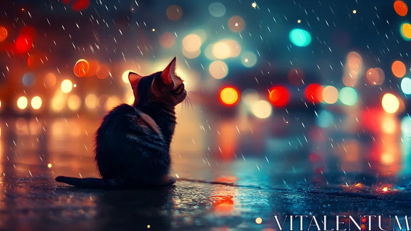 Black Cat in Rain with City Lights.