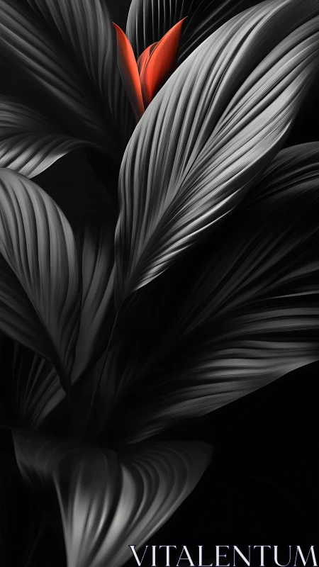 Monochrome leaves framing single vivid red blossom