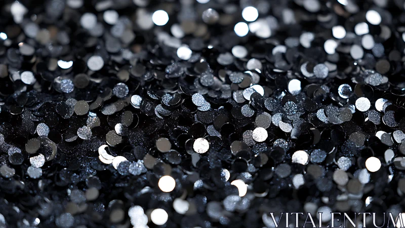 Close-up of Black and Silver Glitter Confetti, Abstract Bokeh Style.