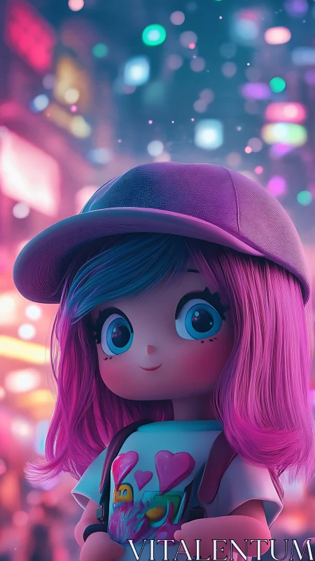Neon pink haired chibi girl in cap under blurred city bokeh