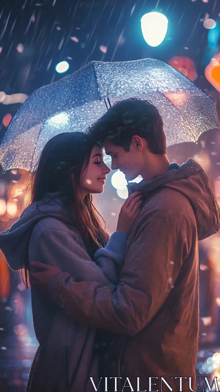 Young couple sheltering under luminous umbrella in rainy nighttime cityscape.