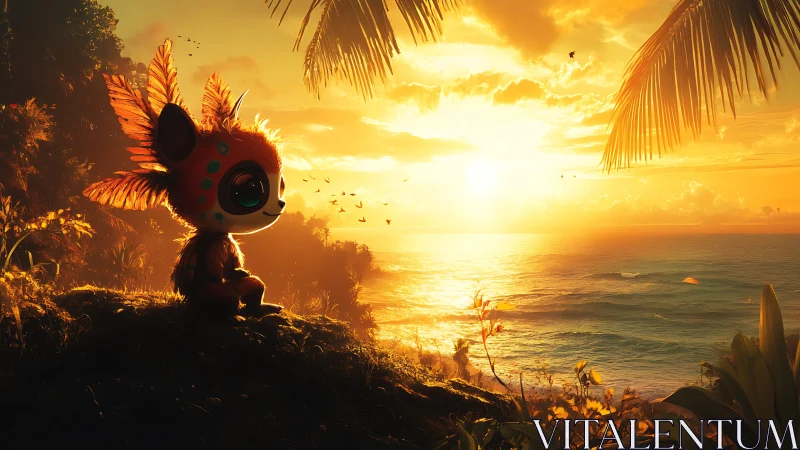 Sunset shore with a bright-eyed tropical fantasy friend.