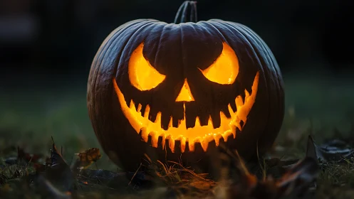 Sinister jack-o’-lantern grins through autumn twilight glow.