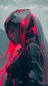 Cyborg operative in reflective armor with neon subsurface red glow