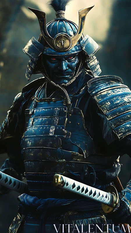 Armored blue samurai rendered with high-detail metallic shaders