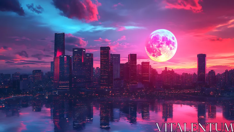 Neon-lit city skyline stands under oversized pink full moon