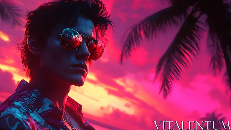 Male figure in sunglasses under neon pink tropical sunset.