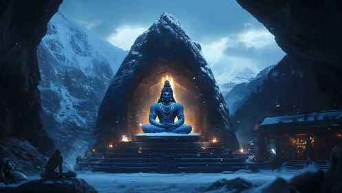 Blue deity statue in snowy mountain cave before shrine.