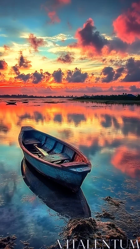 Solitary blue skiff cradles the sky’s blazing watercolor dawn