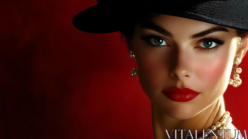 Elegant woman in pearls gazes against deep red backdrop.