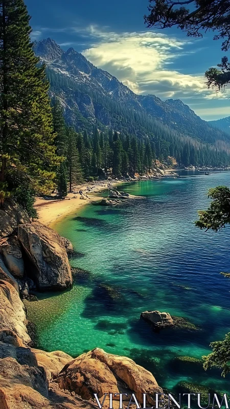 Rocky alpine lake shore with clear turquoise water view.
