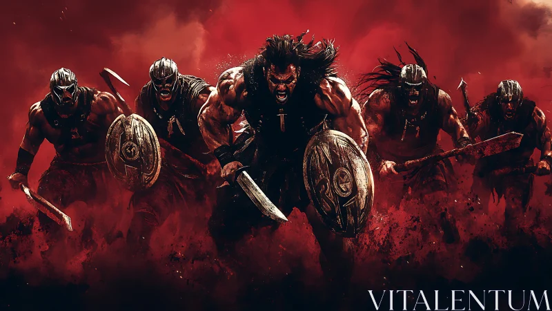 Masked barbarian warband charges through crimson battle fog