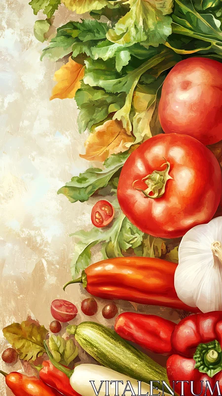 Vertical arrangement of assorted vegetables on textured ground.