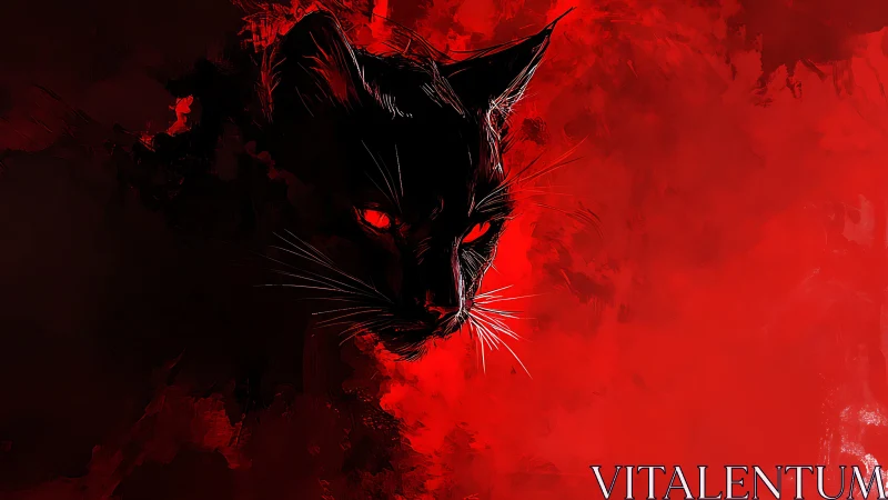 Black cat silhouette with glowing eyes on red field.