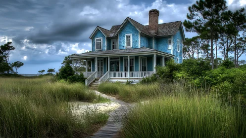 Blue coastal house stands amid dunes under storm sky