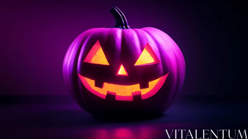 Neon-lit carved jack-o-lantern with glowing interior illumination