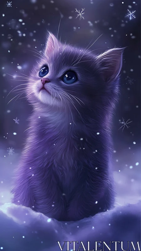 Purple Kitten Gazes Upon Winter's Magical Snowfall