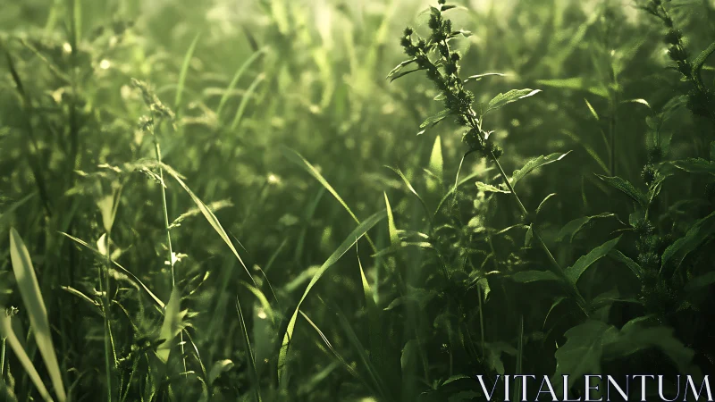 Close-up view of dense green grass and wild foliage.