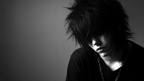 Shadow-draped emo portrait in stark monochrome hush.