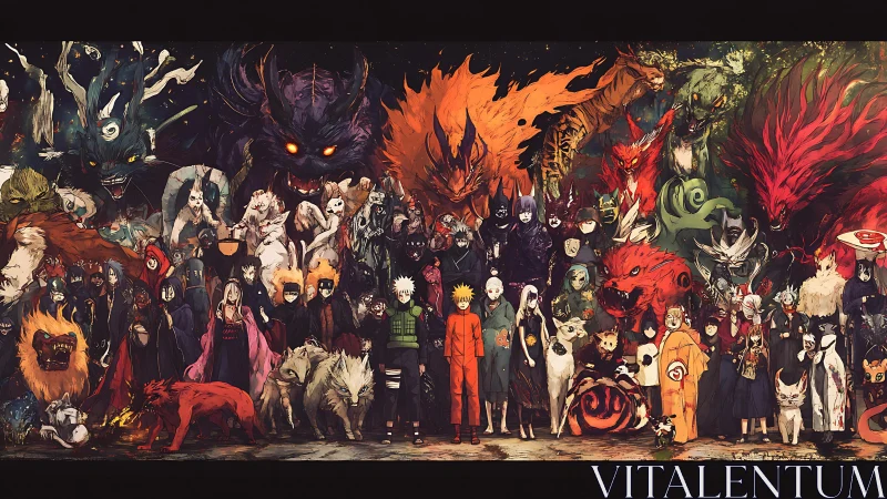 Panoramic lineup of stylized shinobi and tailed beasts in dense anime tableau