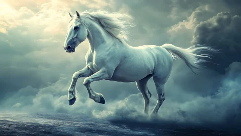 White horse rendered mid-gallop over misted surface.