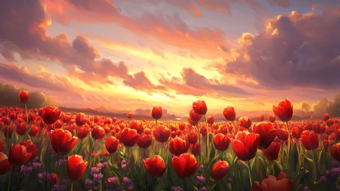 Sunset light over expansive red tulip field landscape.