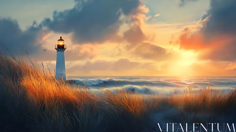 Lighthouse sentry glows over windswept dunes at sea dawn.