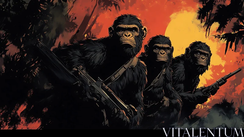 Armed gorilla squad advances through jungle at sunset.