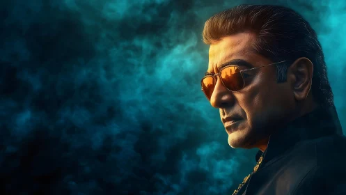 Middle-aged man in sunglasses against teal smoke backdrop.