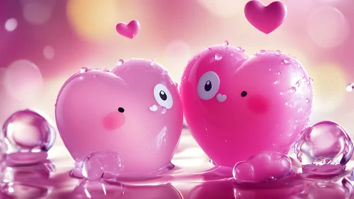 Anthropomorphic Gelatinous Heart-Shaped Characters in Chromatic Pink Liquid Environment.
