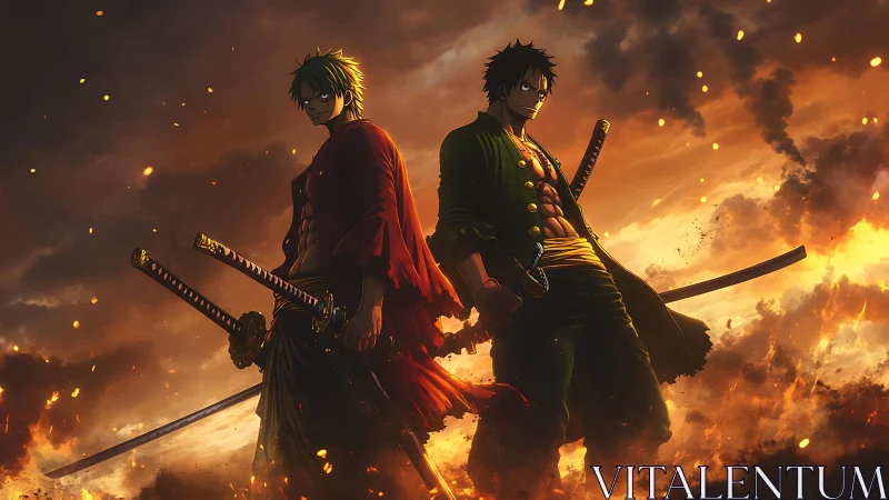 Dual anime swordsmen stand amid burning storm sky.