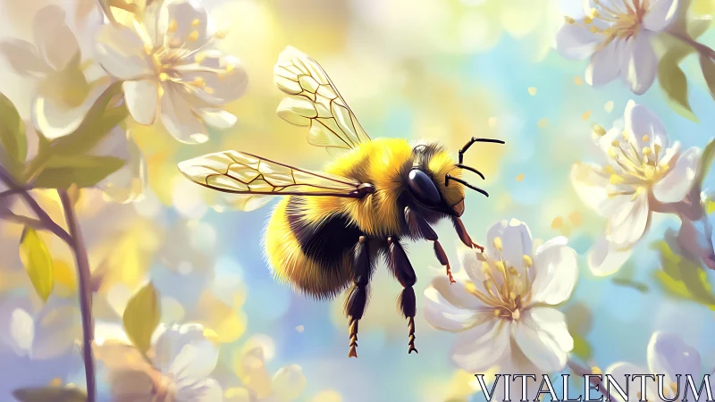 Bumblebee hovers among soft white blossoms in spring light.