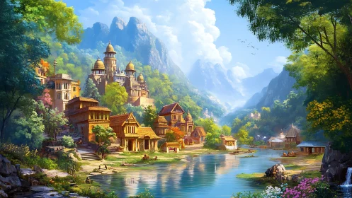 Sunlit river kingdom cradled by emerald mountain guardians.