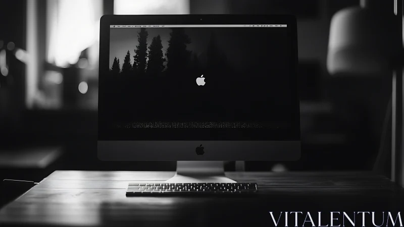 Quiet desktop sanctuary with glowing screen in grayscale.
