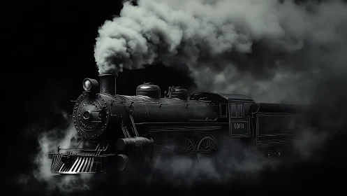Steam locomotive in dense smoke on dark background.
