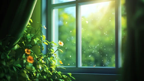 Digital painting of sunlit window framing lush indoor foliage.