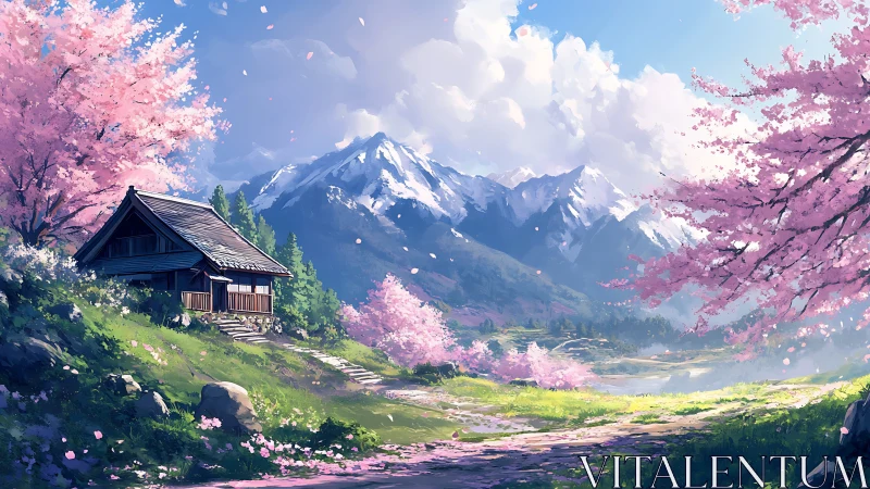 Mountain valley cottage framed by luminous spring cherry blossoms