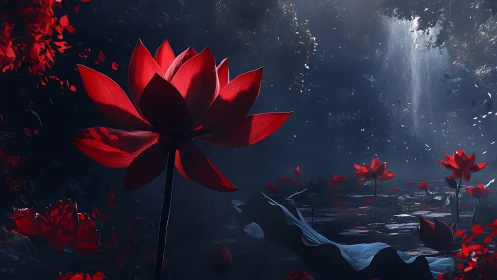 Red lotus flowers in dim forest pond with falling water.