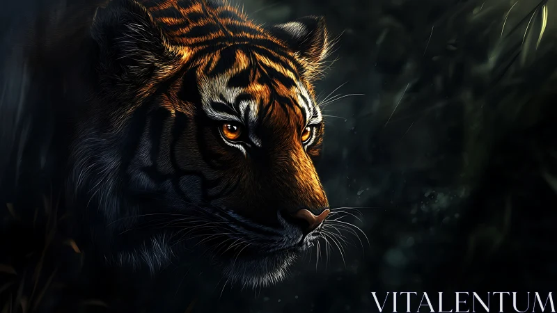 Digital tiger portrait in shadowed forest environment.