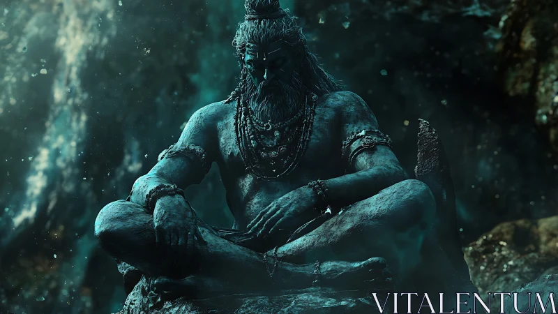 3D mythic stone deity in meditative seated composition.